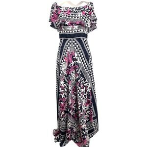 Eliza J Maxi‎ Dress Geometric Floral Print Party Cocktail Flounce Sleeve Navy 8
